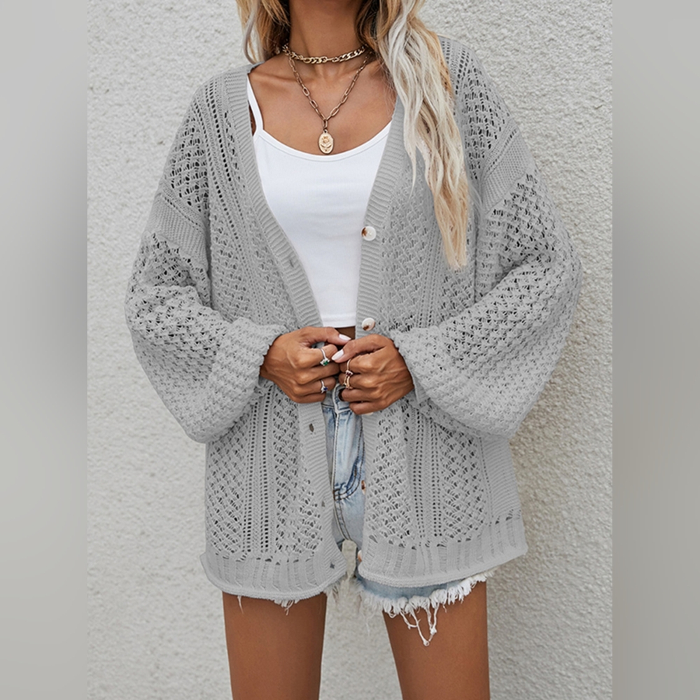 Women's Cloudy Blue Knit Cardigan Sweater-Openwork Button Front Cardigan